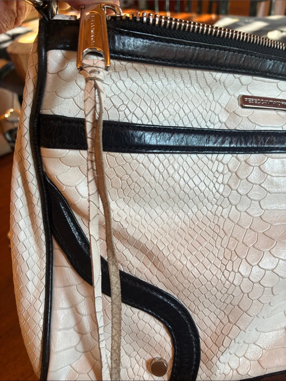 Rebecca Minkoff Cream and Black Faux Snakeskin Satchel with Gold Plaque